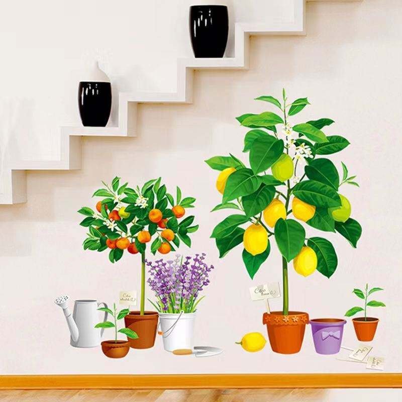 Rural Fresh Eco-Friendly Waterproof PVC Wall Stickers Artistic Potted Plant Decals UV Printed Self-Adhesive Home Decor for