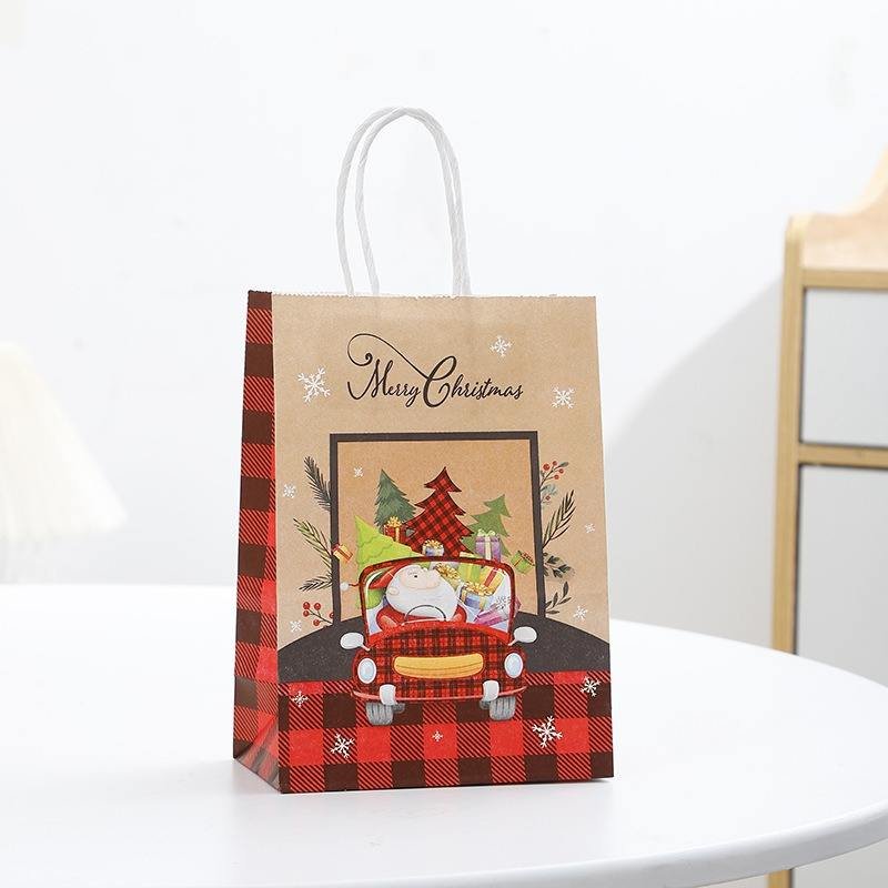Christmas Gift Bags Set of 4, Holiday Paper Tote W/ Hanging Tag, Red Green Plaid Tree Santa Design, Xmas Party Package (4pcs)