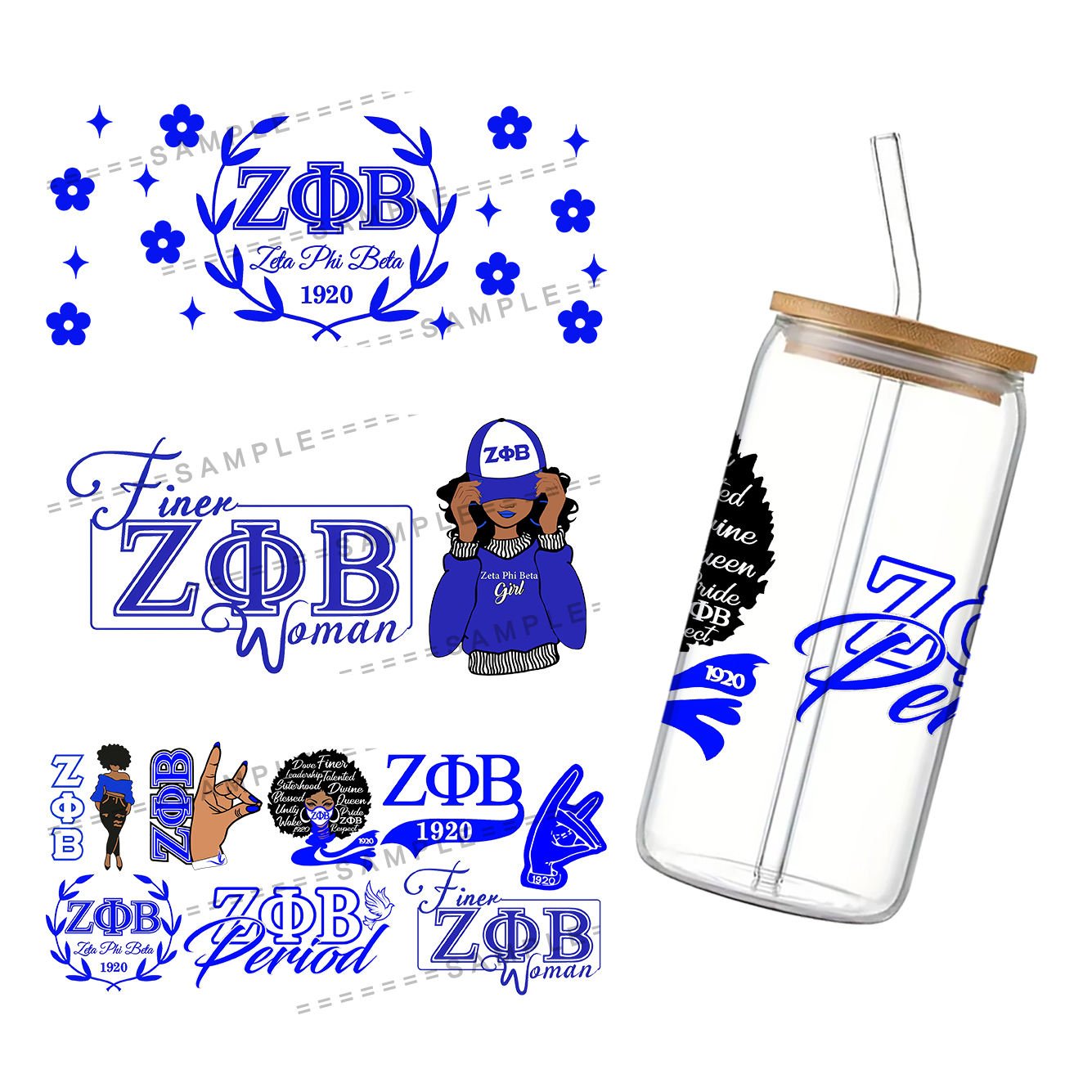 11*24cm Royal Blue Sorority Printed Waterproof UV DTF Sticker Cups 16oz DIY Glass Ceramic Wrap Decorative Ceramic Cup Sticker