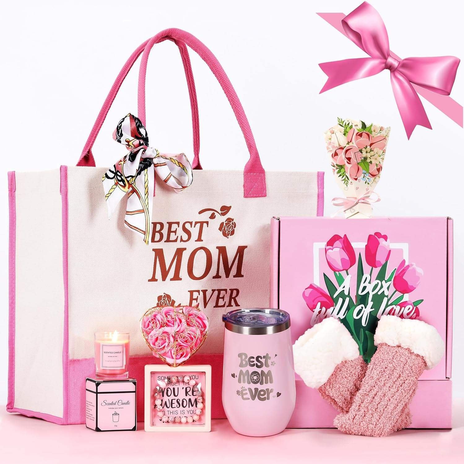 Best Mom's Day Gift Set Premium Box Includes Insulated Tumbler Scented Candle Decorative Soap Rose Tote Bag-Home Decor Christmas