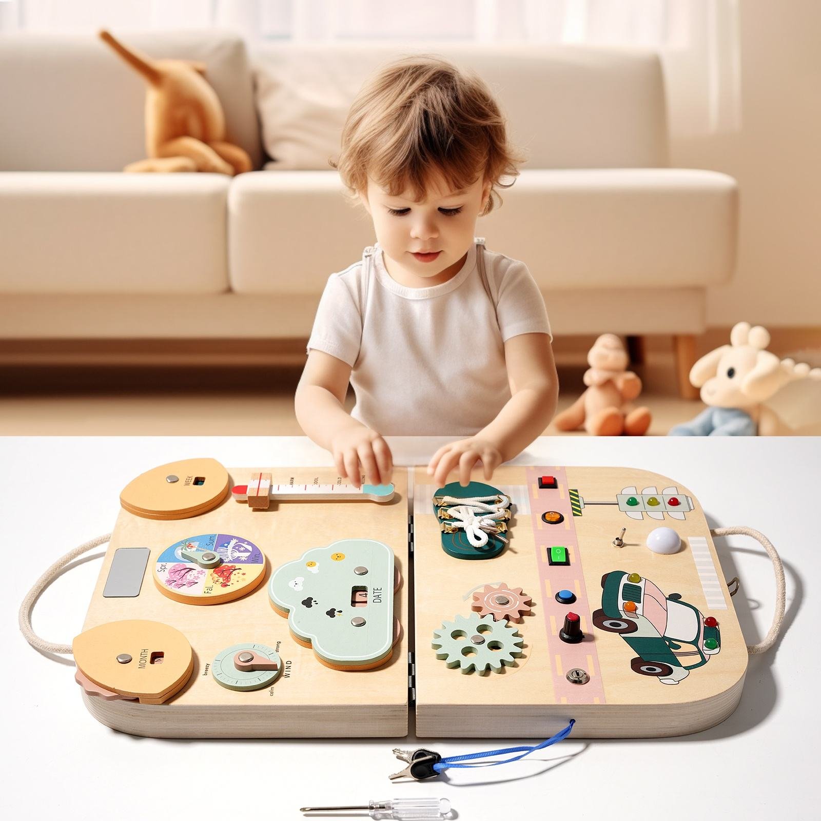 Wooden Busy Board Toy LED Activity Sensory Board Busy Box Drawing Board Preschool Educational Montessori Toys for Kids Toddlers