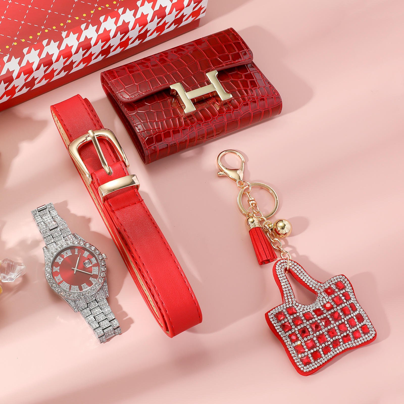 Women's Watch Set Gift Box + Wallet + Keychain + Belt - Holiday Gift