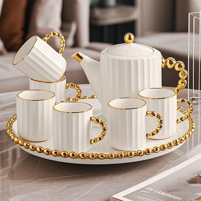 Modern High-End Gift-Giving Gold-Painted Ceramic Coffee Cup with Handle Tray Set of 7 Christmas Design Dishwasher Safe