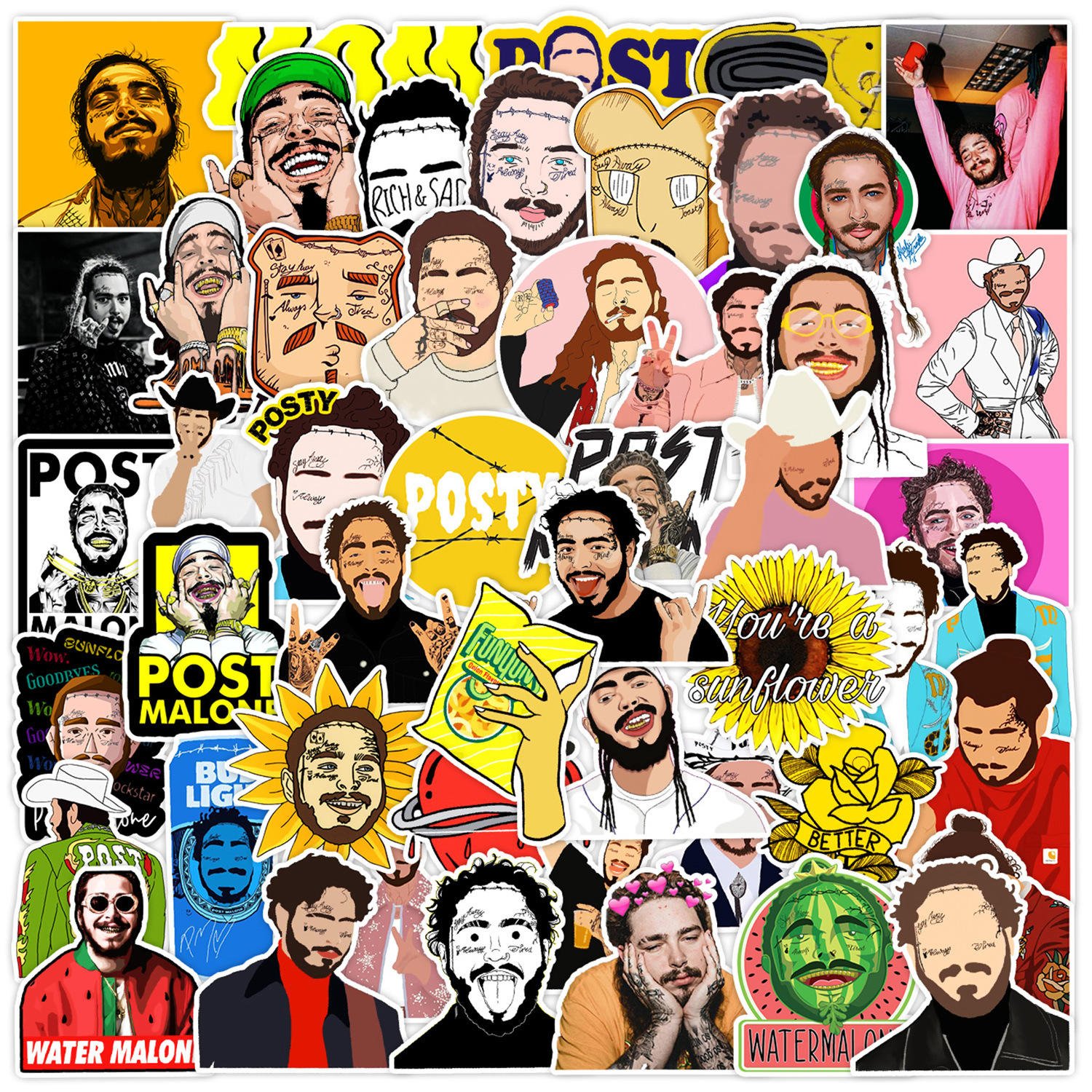 ZY2369H 50Pcs ROCK Singer Post Malone Decorative Sticker for Girl Laptop Skateboard Luggage Guitar Scrapbook Art Vinyl Sticker