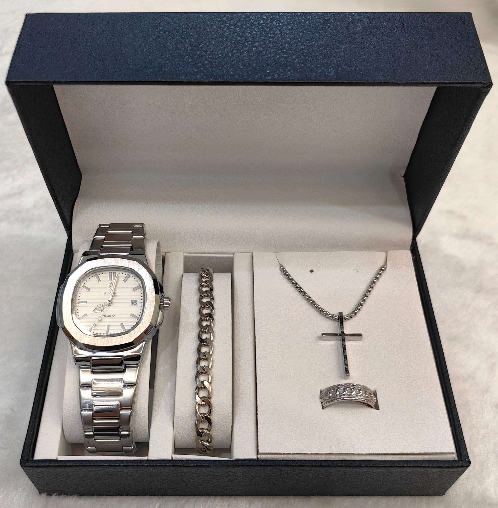 Gohuos 8803 Gift Set with Exquisite Box 4PCS Men Quartz Watch & Ring & Bracelet & Necklace Business Luxury Holiday Gifts for Men