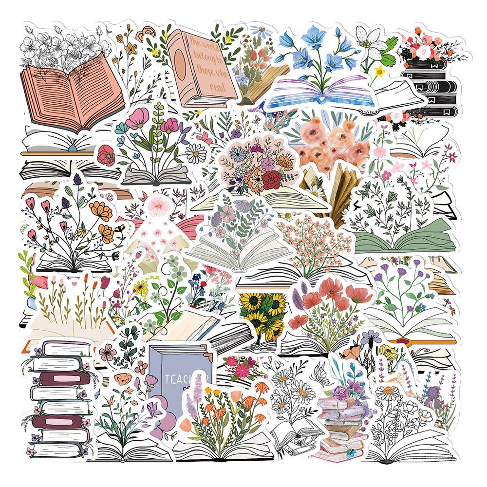 Cartoon Book Flowers Decorative PVC Stickers 50pcs Waterproof Floral Wall Student Notebook Decals for Promotional Gifts