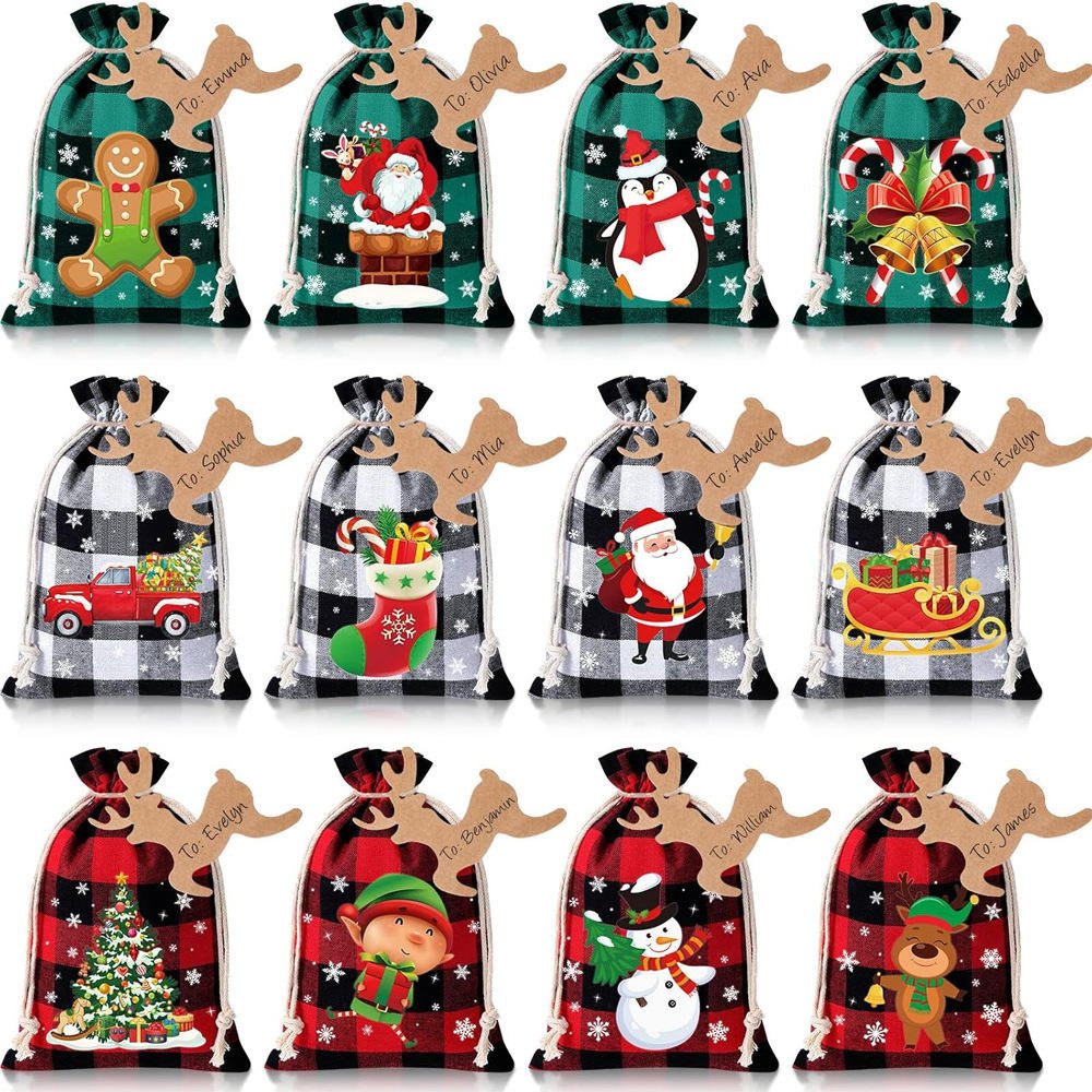 2025 New Christmas Linen Drawstring Bag Set Small Cloth Gift Bag for Candy Wholesale Holiday Supplies