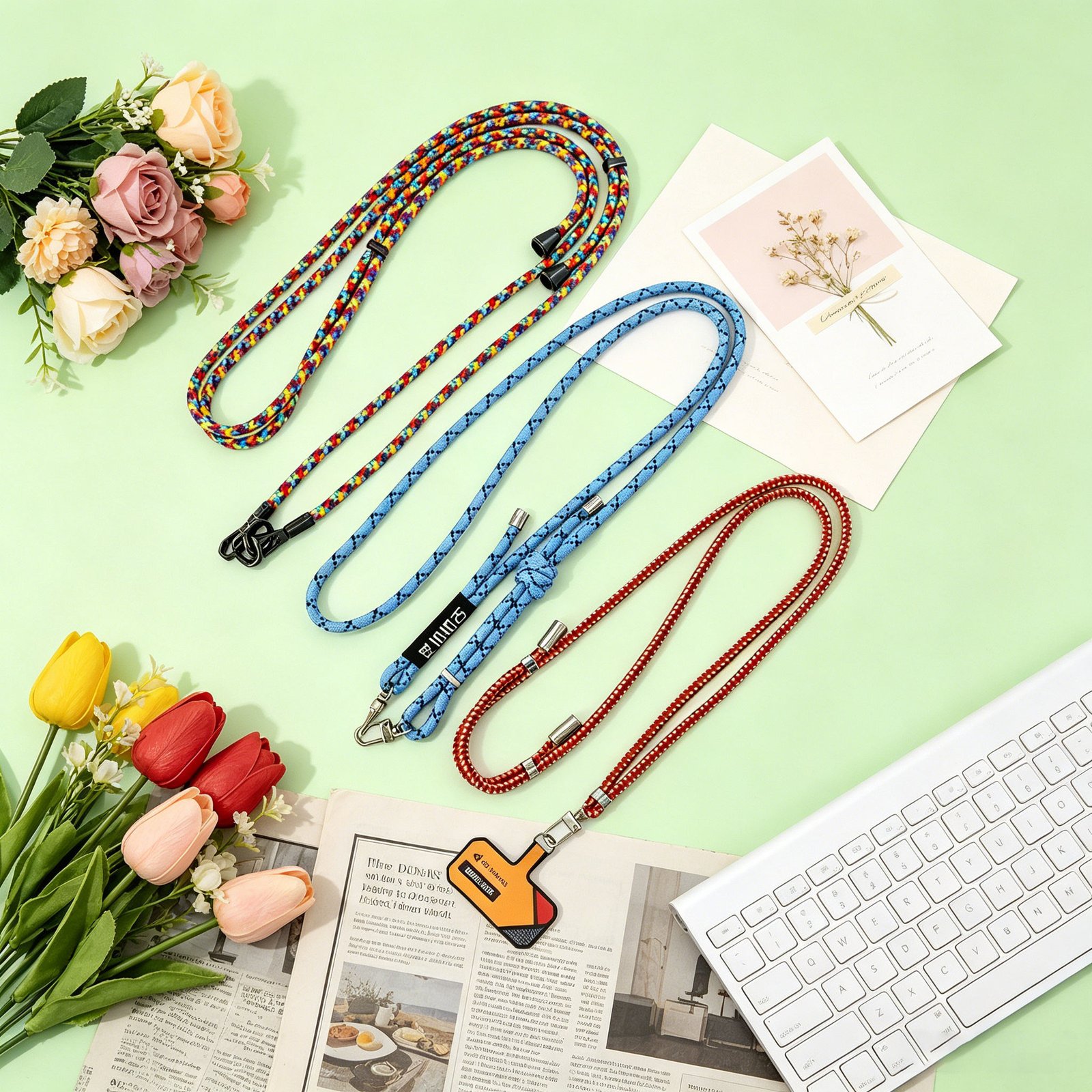 Custom Thermal Transfer Printed Sublimation Polyester Lanyard Leather Joint Metal Clasp Hook Neck Strap Keychain for ID Card