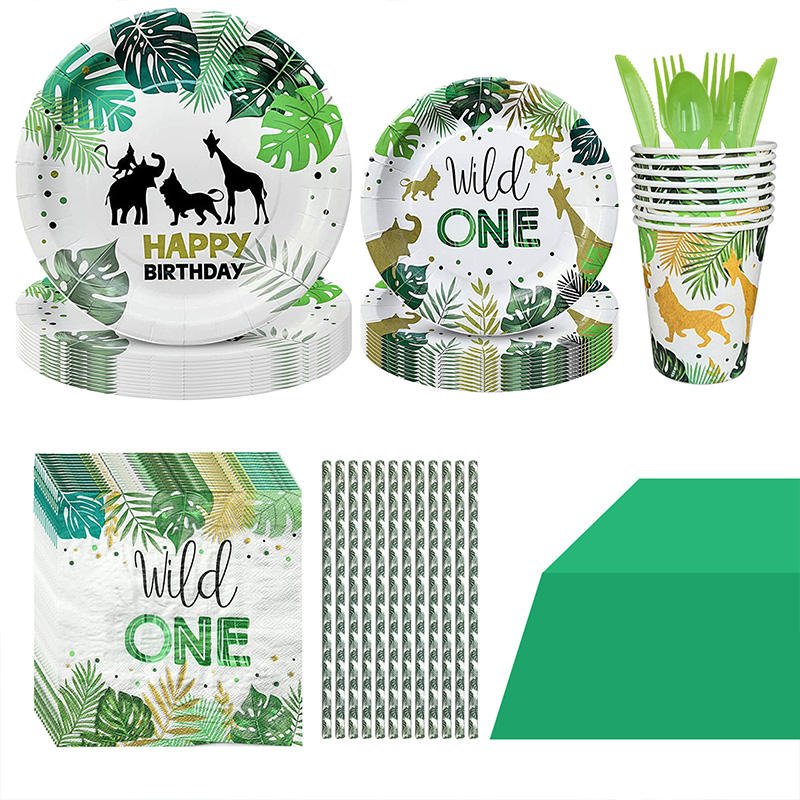 Wild One Disposable Party Tableware Safari Jungle Birthday Party Decoration Kids Disposable Paper Plate Cup Baby Shower Supplies