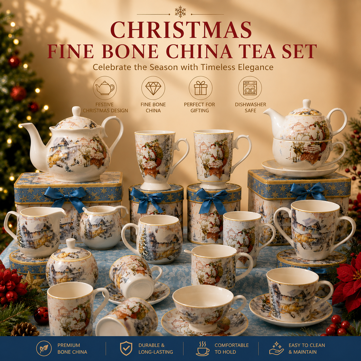 Christmas Design Two Ceramic Coffee Mug Sets with Gift Box Christmas Santa Cup with Handle for Christmas Gifts