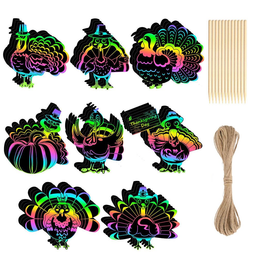 Seasonal Scratch Art Hanging Ornaments Set Thanksgiving Christmas Halloween DIY Craft Paper for Kids Party Decor