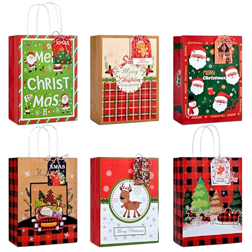 Christmas Gift Bags Set of 4, Holiday Paper Tote W/ Hanging Tag, Red Green Plaid Tree Santa Design, Xmas Party Package (4pcs)