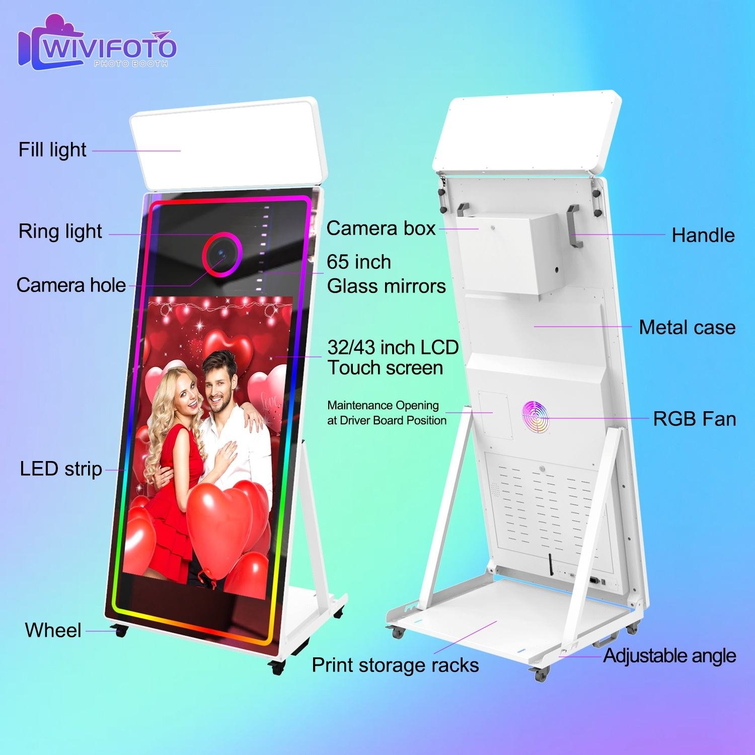 65"portable Open air Flight case Automatic Led Selfie Photobooth Mirror Photo Booth Machine with Printer for Events