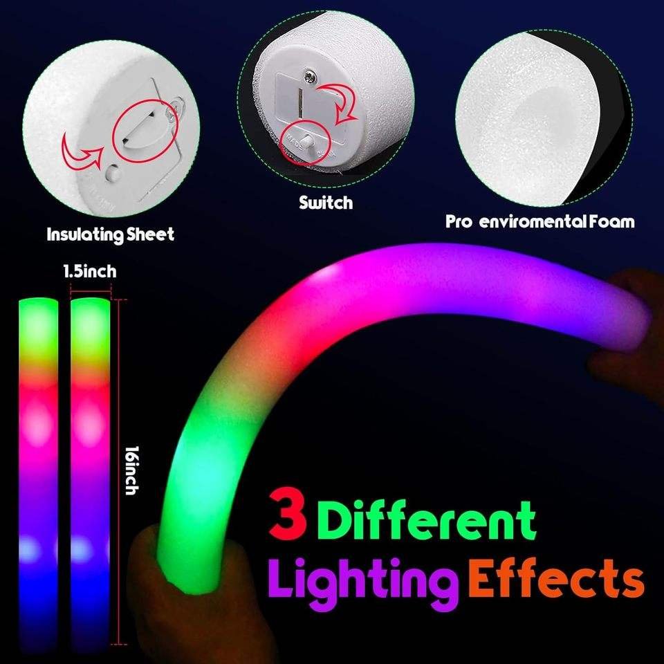 Foam Glow Sticks 3 Modes Colorful LED Flashing Glow Stick Party Supplies for Wedding Raves Concert Back to School