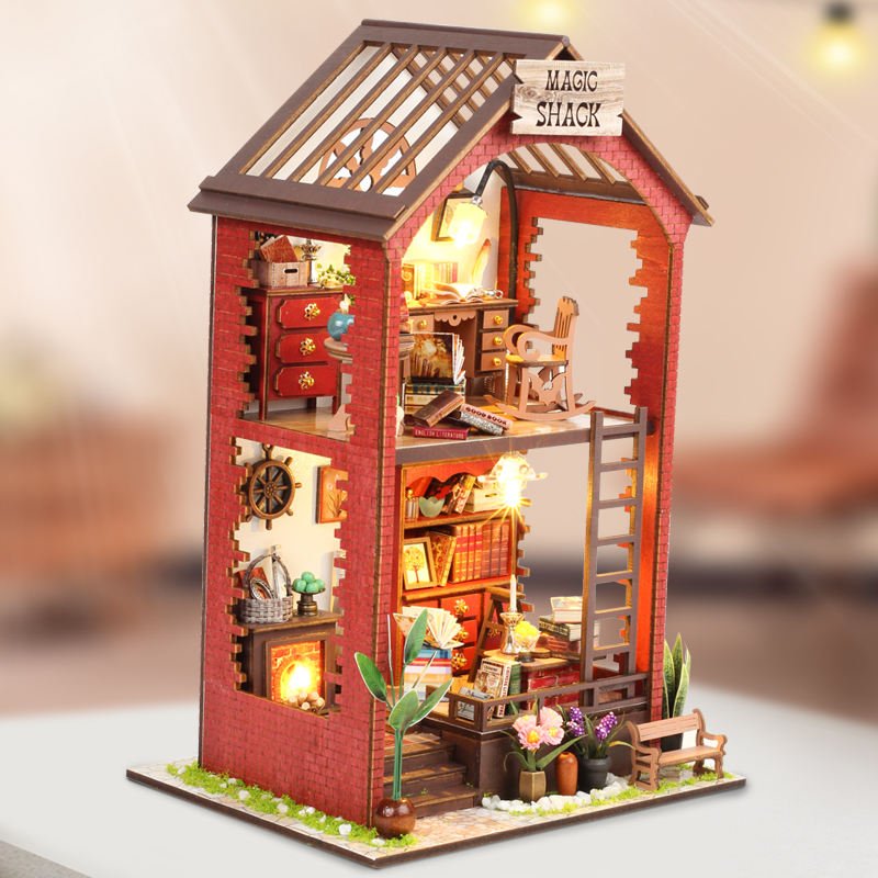 Retro Magic Shack DIY Wooden Dollhouse Kit with LED Light, Miniature Collection Craft Gift for Fantasy Lovers