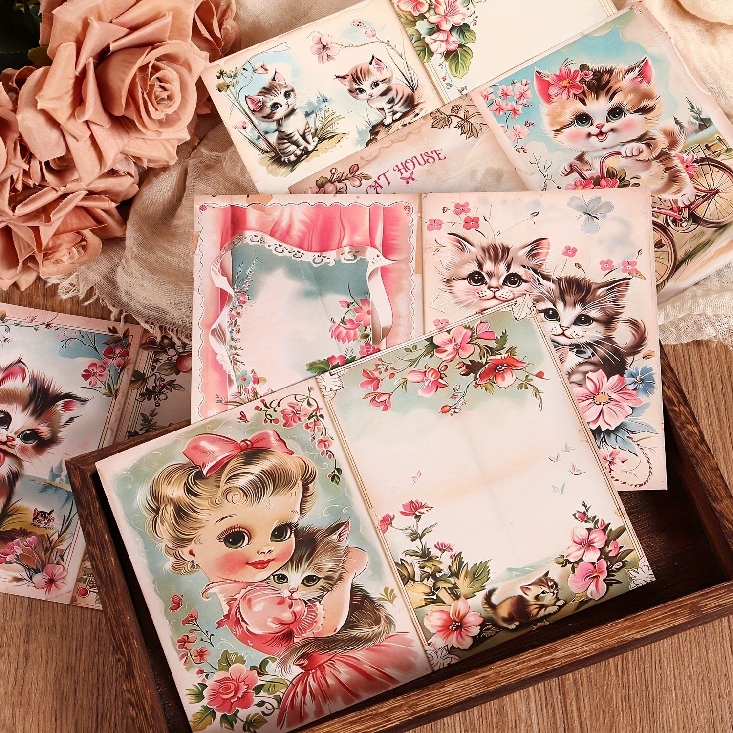 JAI IMAN 12 A5 Papers and 32stickers Strawberry Cat DIY Writable Decor Decoupage Paper Kit for Paper Craft