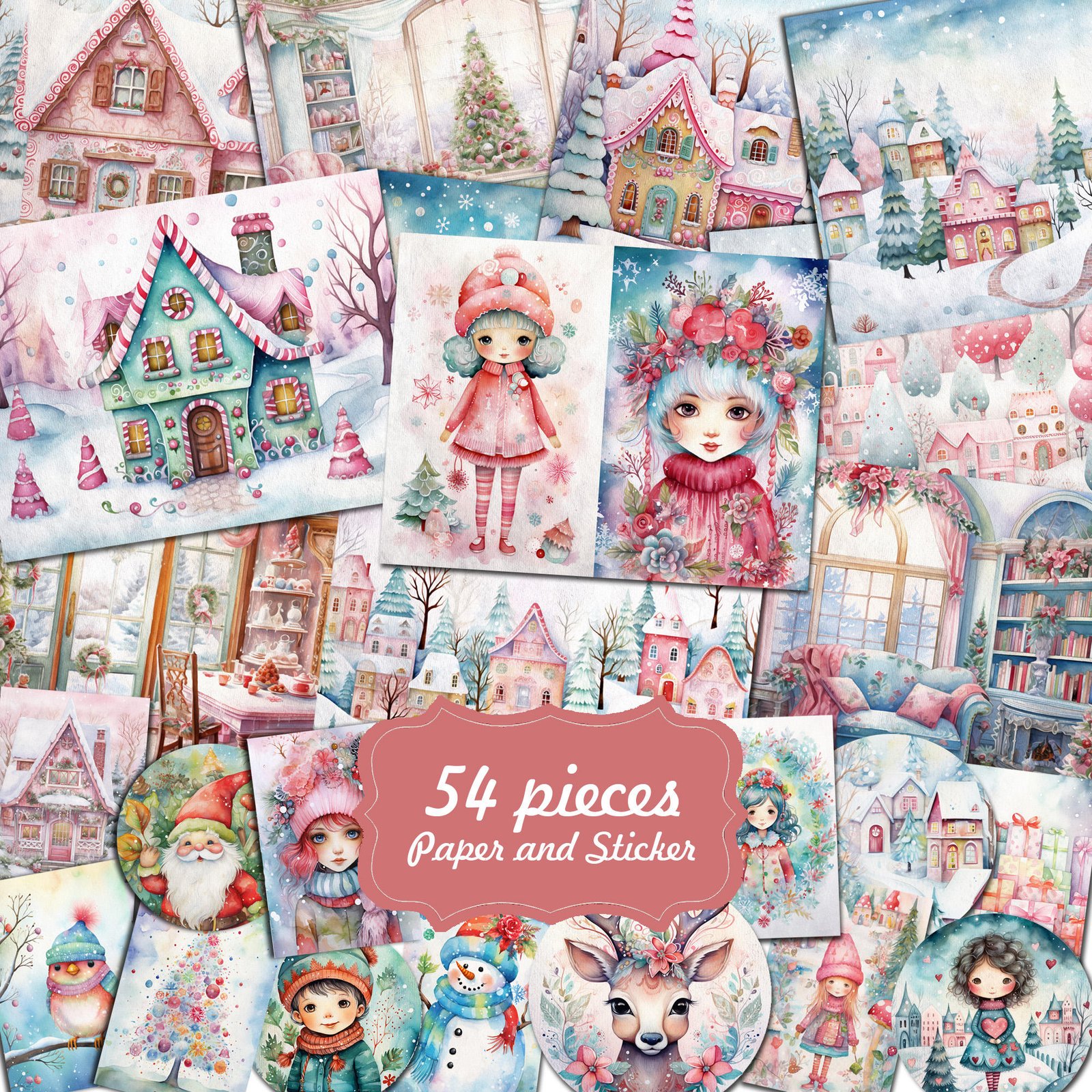JAI IMAN 12 A5 Papers and 42stickers Pink Christmas DIY Scrapbook Background Paperpad for Crafts Junk Journals