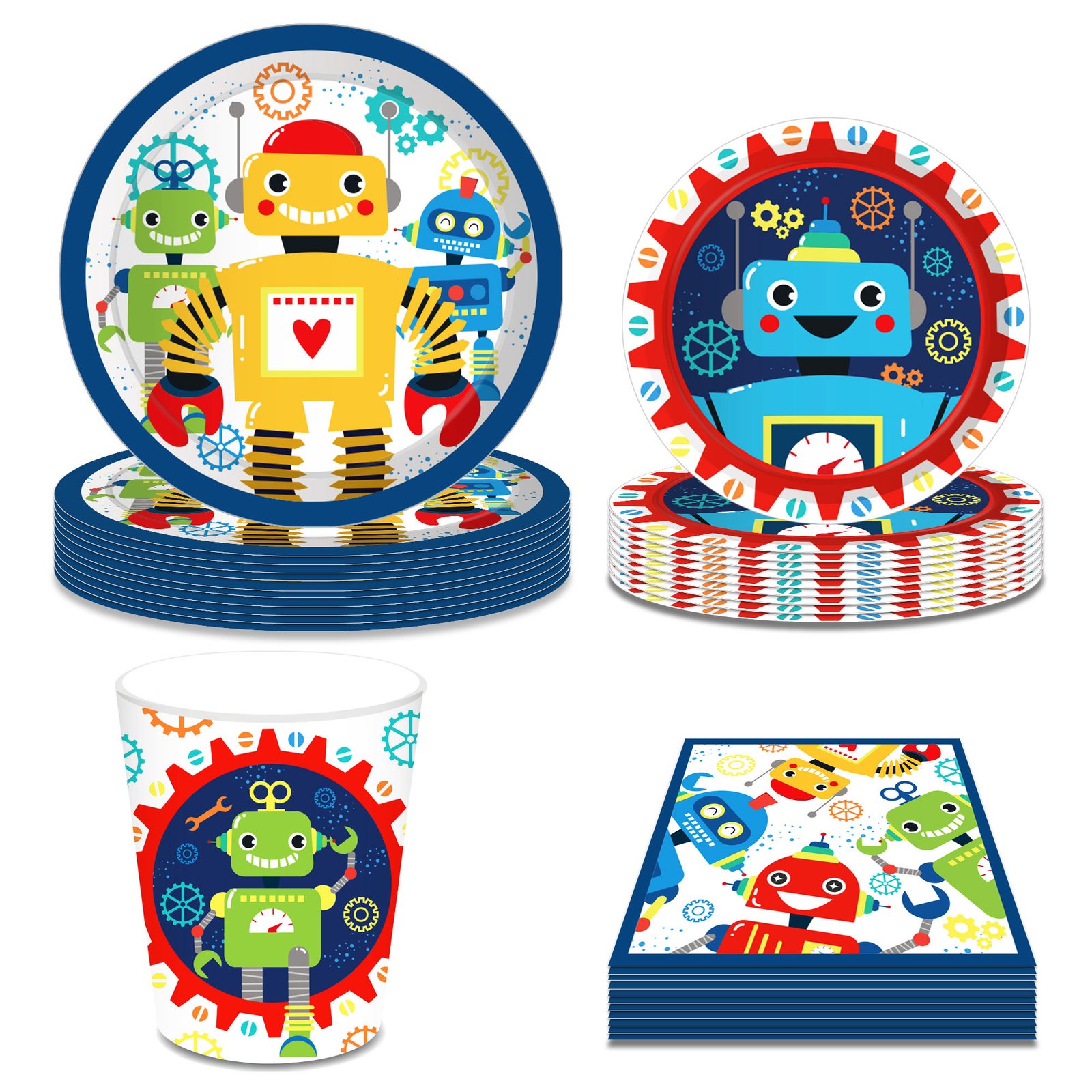 Huancai Cartoon Robots Party Supplies Paper Plates Cups Napkins Disposable Tableware Set for Kids Birthday Party Decorations