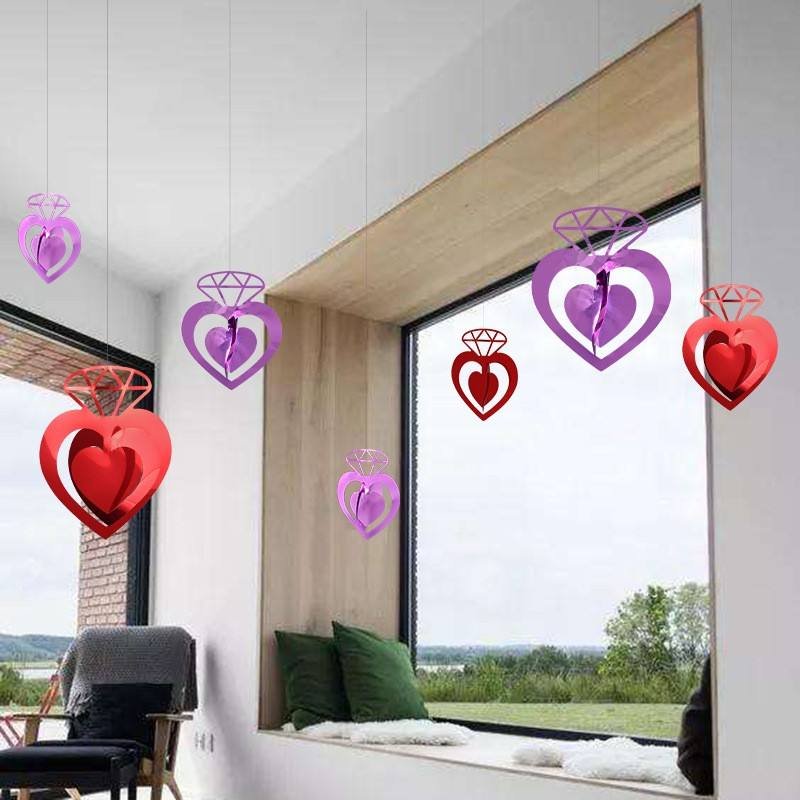 Heart Diamond Ring Hanging Decorations, 3D Shiny Foil Swirls for Wedding Bridal Shower Engagement Party Supplies
