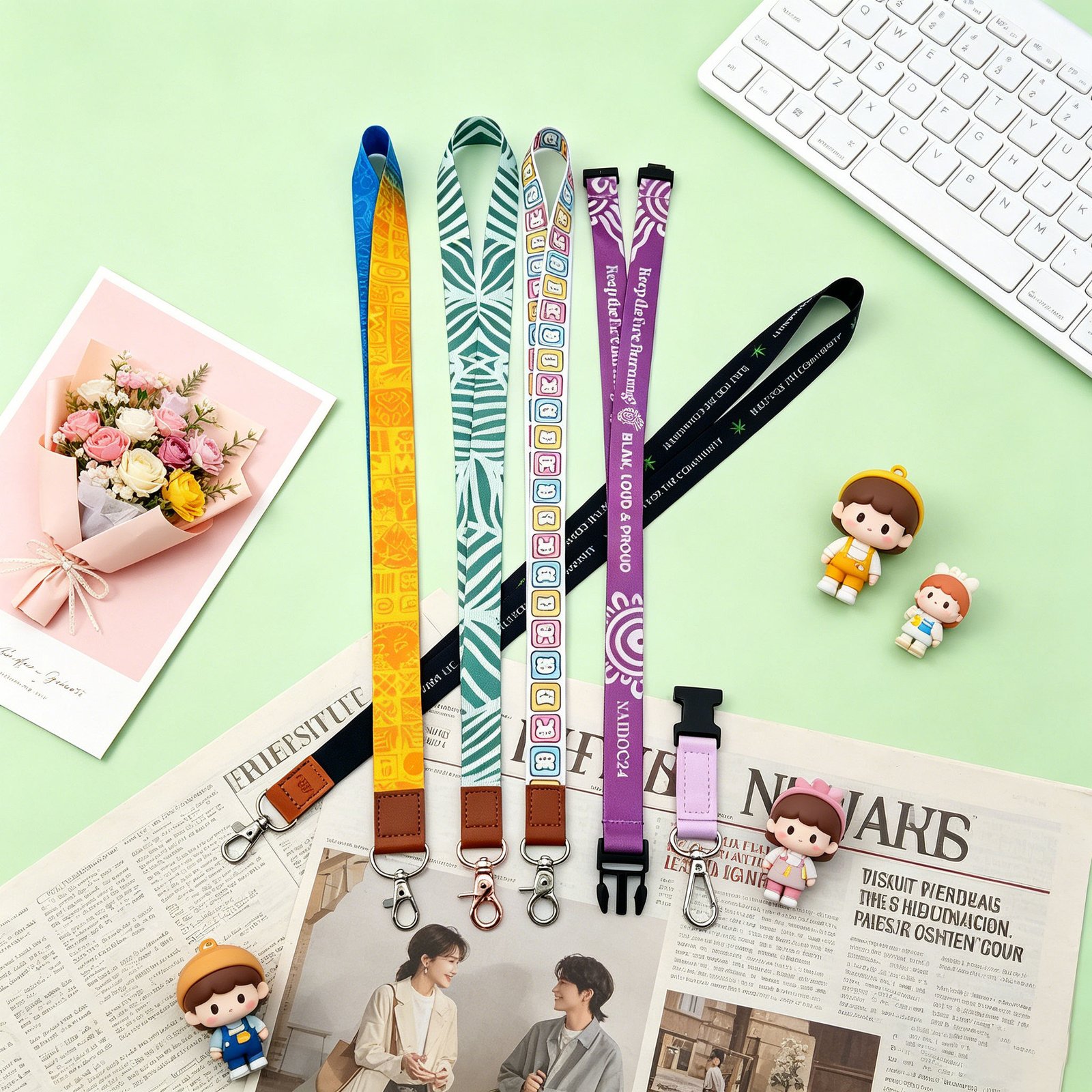 Custom Thermal Transfer Printed Sublimation Polyester Lanyard Leather Joint Metal Clasp Hook Neck Strap Keychain for ID Card