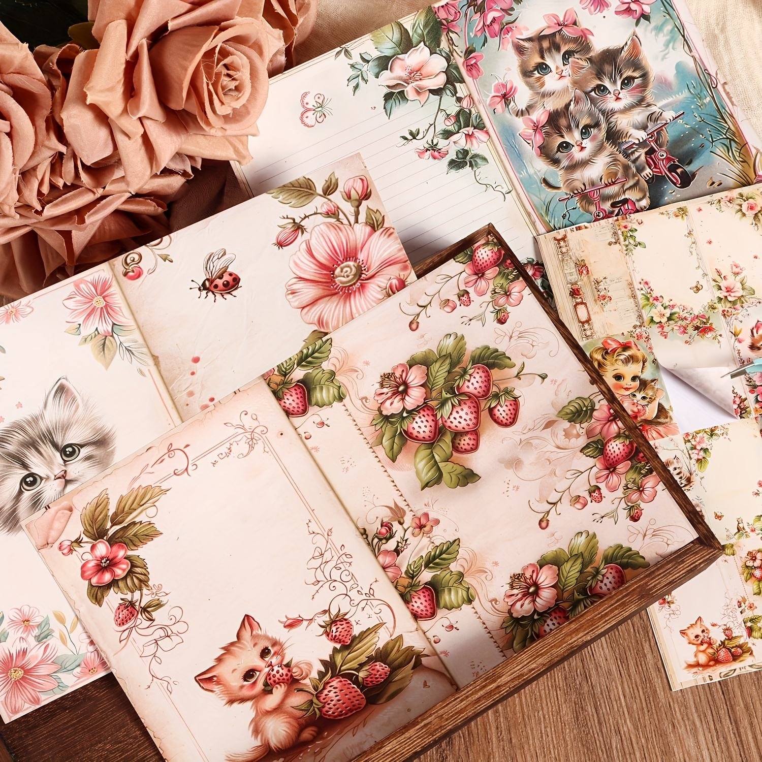 JAI IMAN 12 A5 Papers and 32stickers Strawberry Cat DIY Writable Decor Decoupage Paper Kit for Paper Craft