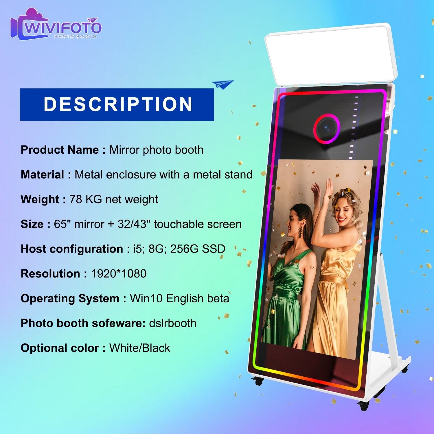 65"portable Open air Flight case Automatic Led Selfie Photobooth Mirror Photo Booth Machine with Printer for Events