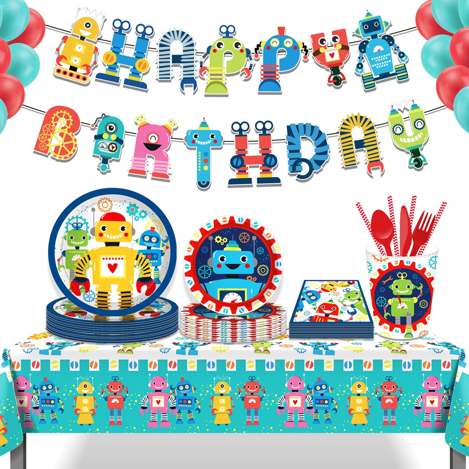 Huancai Cartoon Robots Party Supplies Paper Plates Cups Napkins Disposable Tableware Set for Kids Birthday Party Decorations
