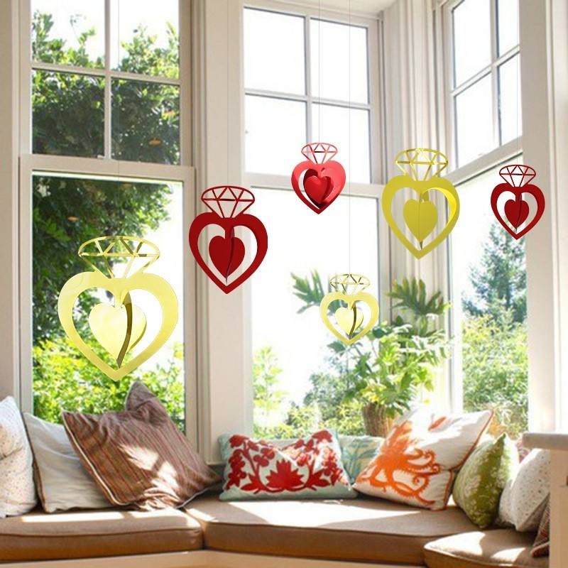 Heart Diamond Ring Hanging Decorations, 3D Shiny Foil Swirls for Wedding Bridal Shower Engagement Party Supplies