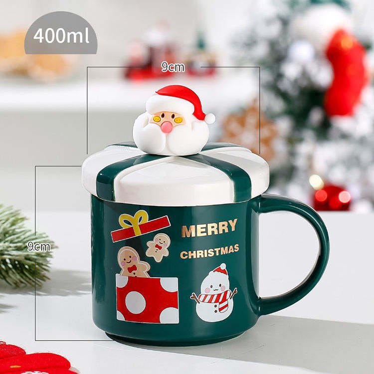 New Creativity Cute Christmas Santa Ceramic Cup Mug with Lid Spoon Cup Set for Christmas Gift