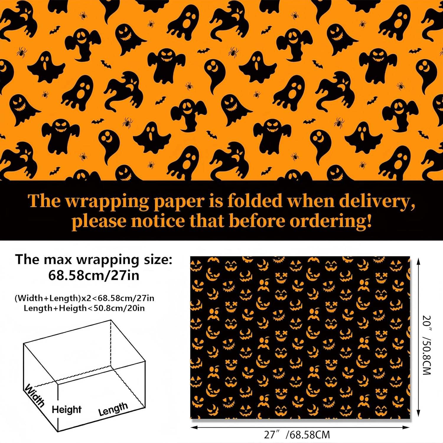 12 Sheets Halloween DIY Crafts Gift Wrapping Paper Pumpkin Spooky Ghost Spider Bat Orange Black Design Gift Wrap Paper for Party